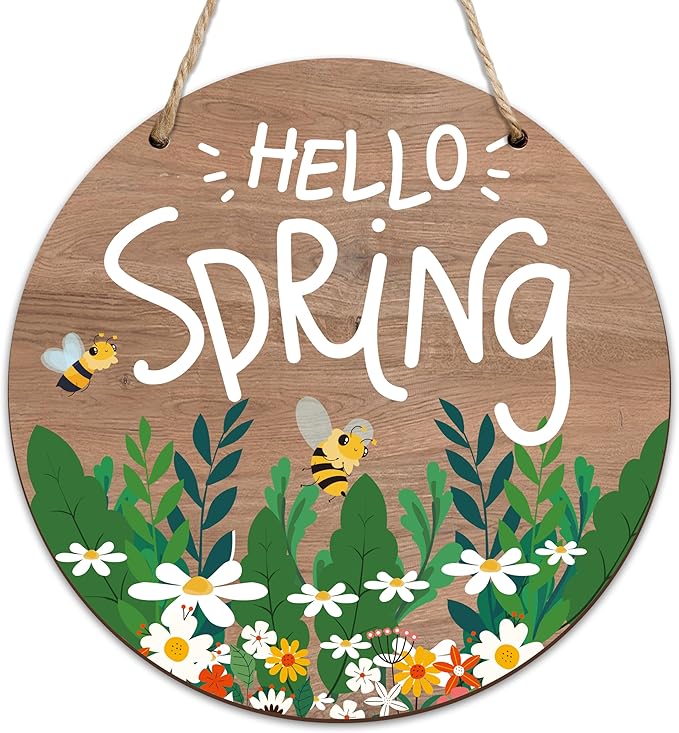 Spring Hanging Decor For Front Door, Daisy Bee Welcome Spring Round Sign Decor For Farmhouse Home Yard Porch, Hello Spring Decorations, Spring Wall Plaque Gifts For Friends Family -05