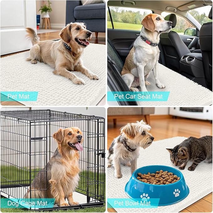 OLANLY Dog Door Mat for Muddy Paws 30x17, Absorbs Moisture and Dirt, Absorbent Non-Slip Washable Doormat, Quick Dry Chenille Mud Mat for Dogs, Entry Indoor Entryway Carpet for Inside Floor, Ivory