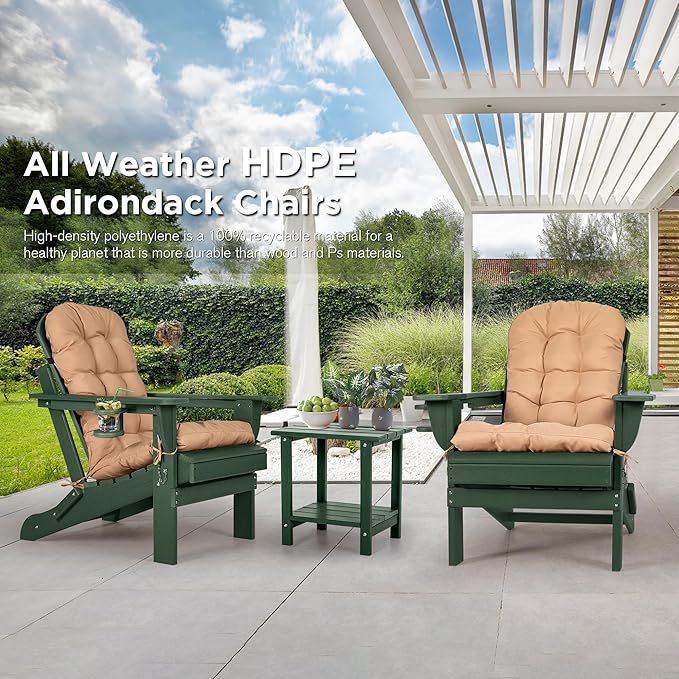 nalone Folding Adirondack Chairs Set of 2 with Cushion with Cup Holder, HDPE Plastic Oversized Patio Chair Weather Resistant, Used in Outdoor, Fire Pit, Deck, Garden, Campfire Chairs (Green)