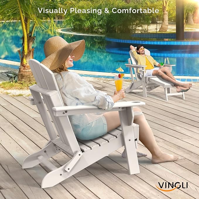 VINGLI Folding Adirondack Chair Set of 4 with Ottoman, Waterproof Plastic HDPE Firepit Chair for Outside with Hidden Footrests, Foldable Ergonomics Seating for Patio Porch Yard Garden(White)