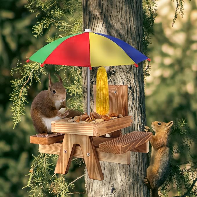 Gnodary Squirrel Feeder with Umbrella, Squirrel Feeders for Outside, Squirrel Picnic Table Feeder - Chipmunk Feeder Hold Corn, Corn Cob, Peanuts (Multiple Color 1)