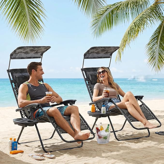 Magshion Zero Gravity Lounge Chairs with Canopy Set of 2, Outdoor Foldable Patio Reclining Chair, Adjustable Anti-Gravity Recliners with Headrest, Folding Lounger for Lawn Camping Beach, Camouflage