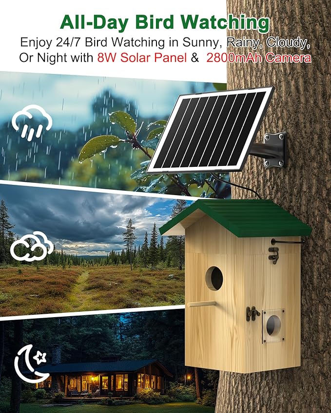 KinetCam Bird House with Camera Solar Powered, 2K HD Wi-Fi Bird Watching Cam for Birdhouse, Auto Detect & Notify, Night Vision, APP Control, Wooden Birdhouse with Camera Inside