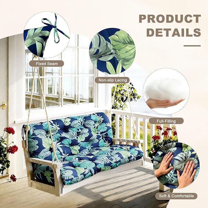 Porch Swing Cushion with Backrest,Waterproof Bench Cushion for Outdoor Furniture,2-3 Seater Replacement Thickened Swing Cushion with Ties,Patio,Outdoor,Backyard and Garden (Floral Navy,47x40")