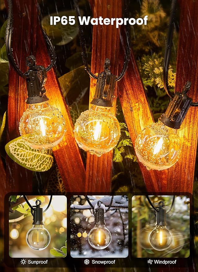 Outdoor String Lights – 50ft Connectable Patio Lights with 52 G40 LED Plastic Bulbs (2 Spare) Outside Vintage Hanging Light for Backyard Bistro Balcony Porch Party Wedding, E12, 2200K, Black
