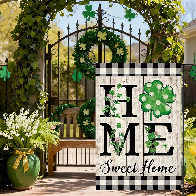 ORTIGIA St Patricks Day Garden Flag Burlap Vertical Double Sided Shamrock Lucky Green Clover Garden Flag Holiday Yard Flag Outside Outdoor Decor 12.5x18 Inch