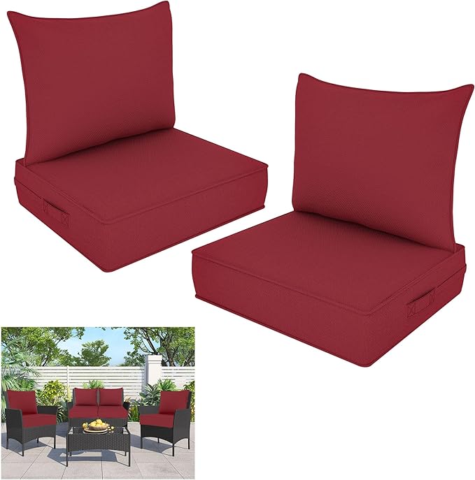 Outdoor Deep Seat Cushion Set, Fade Resistant Patio Chair Cushions, 24x24x6 Inch Patio Sofa Furniture Pad with Removable Cushion Covers (Burgundy, 24''Lx24''Wx6''H-2pcs Set)