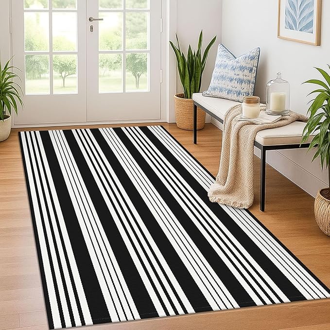 KOZYFLY Black and White Striped Outdoor Rug 4x6 Ft Area Rug Washable Indoor Outdoor Rug Hand Woven Cotton Door Mat Outdoor Carpet for Front Door Entryway Patio Porch Living Room