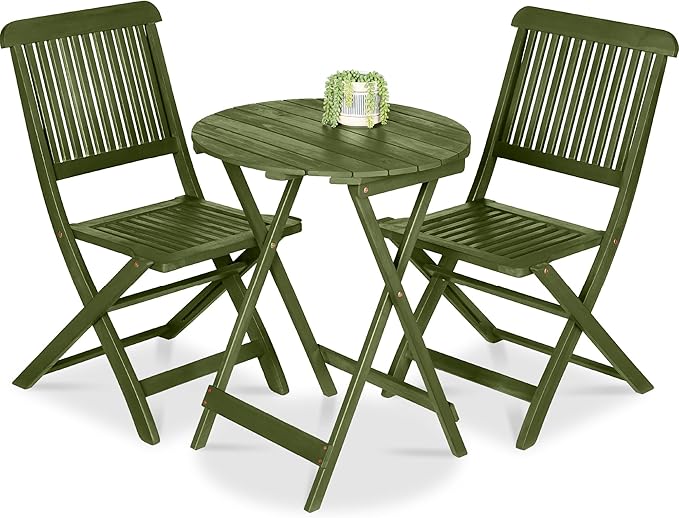 Best Choice Products 3-Piece Acacia Wood Bistro Set, Folding Patio Furniture for Backyard, Balcony, Deck w/ 2 Chairs, Round Coffee Table, Teak Finish - Olive