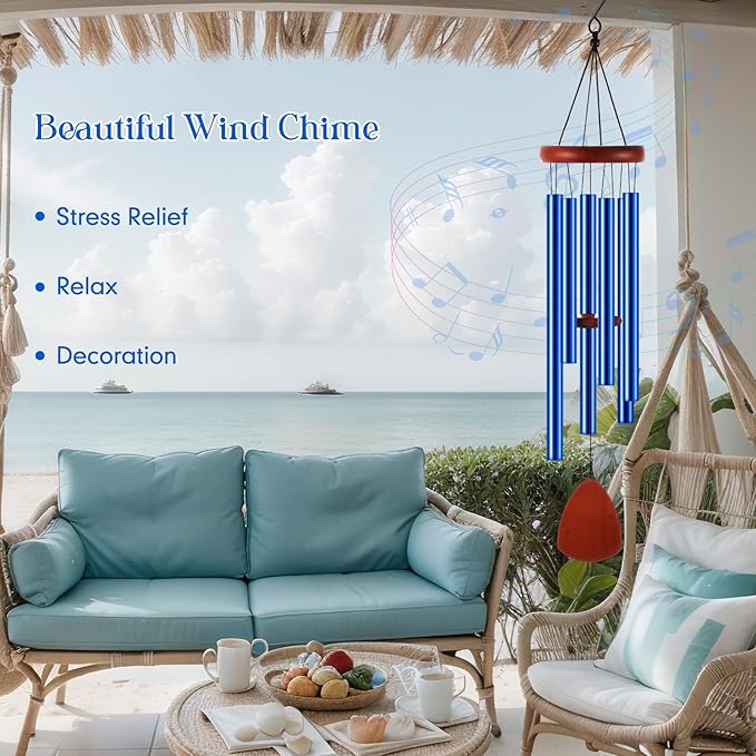 Leinuosen Wind Chimes for Outside Wind Chimes Outdoors Deep Tones 28" with 6 Aluminum Tubes Memorial Sympathy Windchime for Valentine Tree Decor Garden Courtyard Mom Loved One Gifts(Classic,Blue)