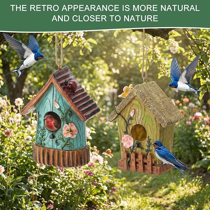 2 Pcs Decorative Birdhouse for Outdoor Hanging Bird Houses for Outside Colorful Decorative Cute Resin Birdhouses for Outside Indoors Garden Backyard Decor, Gift for Bird Lovers (Simple)