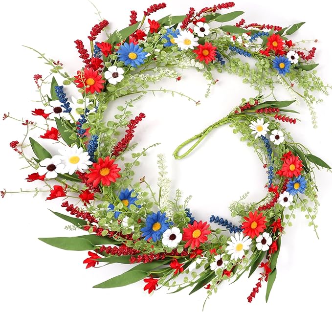 6.56 Ft 4th of July Flower Garland Wreath Patriotic Red Blue White Daisy Vine Garland Artificial Wild Floral Garland for Independence Day Arch Porch Stair Table Indoor Door Home All Year