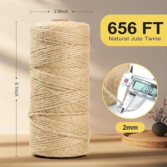 Jute Twine String - 656ft Eco-Friendly Natural Cord for Crafts,Butcher Cooking & Packaging | 2mm Thick Jute Rope | Extra Long Decorative Tying,Plant Support & DIY Projects