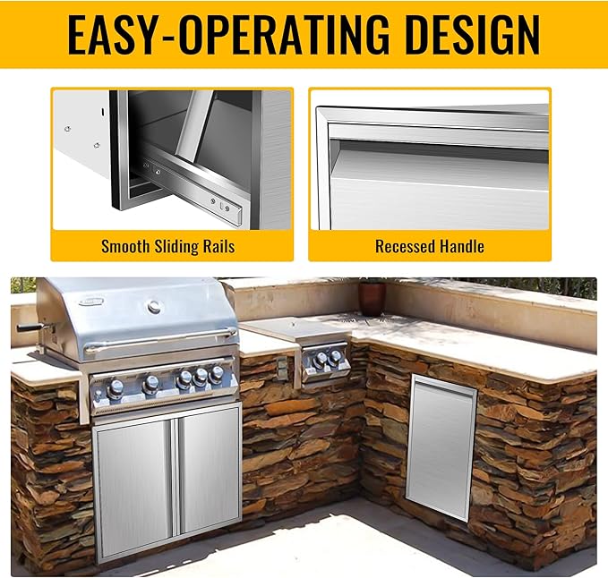 Built-in Single Trash Drawer 14" W x 27" H x 20" D, Pull-Out Tray Outdoor Kitchen Stainless Steel Trash Drawer Storage One Trash Bin for BBQ Island Grill Station
