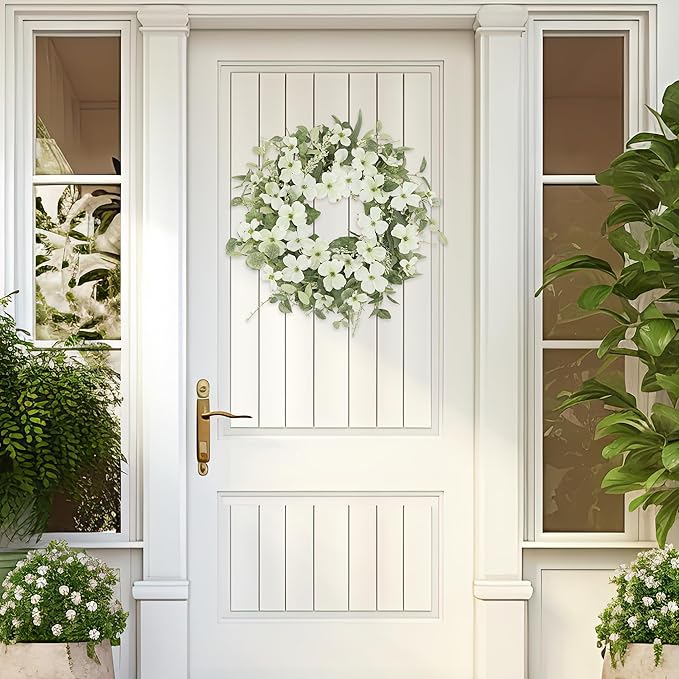 YNYLCHMX 18" Spring Summer Wreaths for Front Door, Artificial Floral Wreath with White Phalaenopsis Green Eucalyptus Leaves, Green Foliage Wreath for Wall Window Farmhouse Party Holiday Home Decor