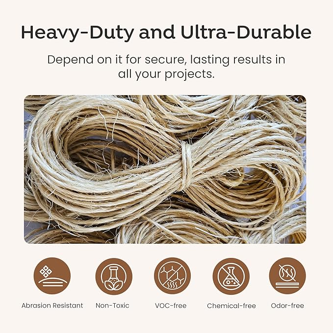 Premium Brazilian Sisal Twine, Natural Fiber 100% Sisal, Heavy-Duty, Ultra Durable, Ideal for DIY Projects, Home Decor, Gardening, Crafting, Gifting, Wrapping (656 ft / 200 m Ball)