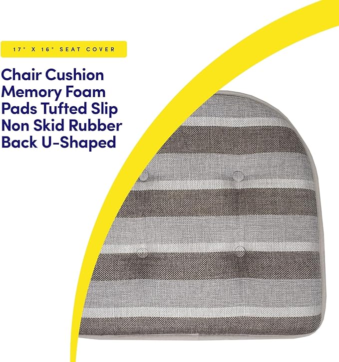 Sweet Home Collection Chair Cushion Memory Foam Pads Tufted Slip Non Skid Rubber Back U-Shaped 17" x 16" Seat Cover, 6 Count (Pack of 1), Bradford Silver/Brown