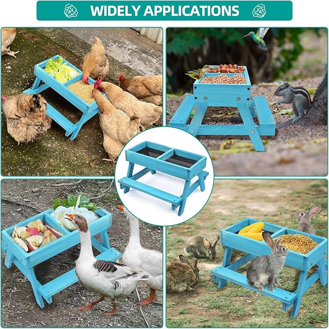 Chicken Picnic Table, Chicken Feeder No Waste Handmade Wooden, Large DIY Chicken Feeder Kit, Wild Bird, Duck & Squirrel Feeders, Mesh Bottom Keep Food Fresh and Dry Easy to Clean and Fill（Blue Paint）