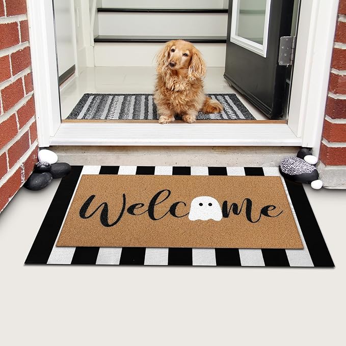 Tinideya 2 Pcs Halloween Door Mat Ghost Welcome Non Slip Coir Mats Cute Black White Stripe Floor Layering Doormats Seasonal for Front Porch Entryway Decor(White Ghost)