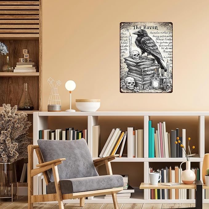 Gothic Raven Sign Vintage Crow Metal Sign Skull Wall Decor Gothic Witchy Bathroom Decor for Home Bar Garage Man Cave Shed 12x16inch