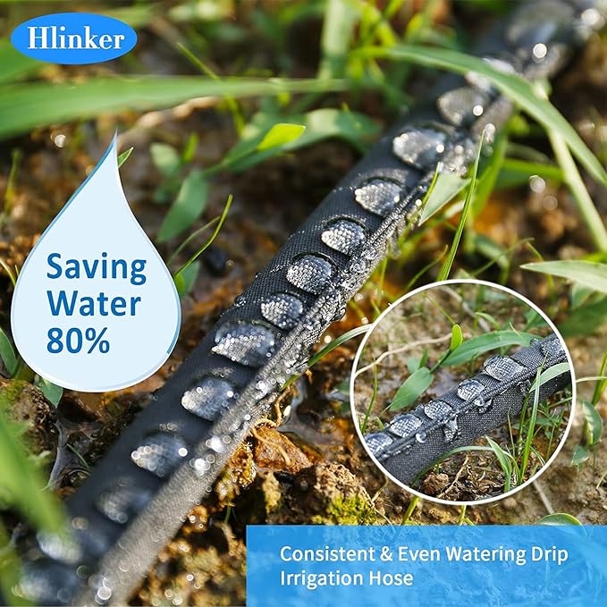 Flat Soaker Hose 50 200 FT for Garden Beds, 200FT 1/2" Linkable Consistent Drip Irrigation Hose Save 80% Water, Leakproof Heavy Duty Double Layer Sprinkler Hose