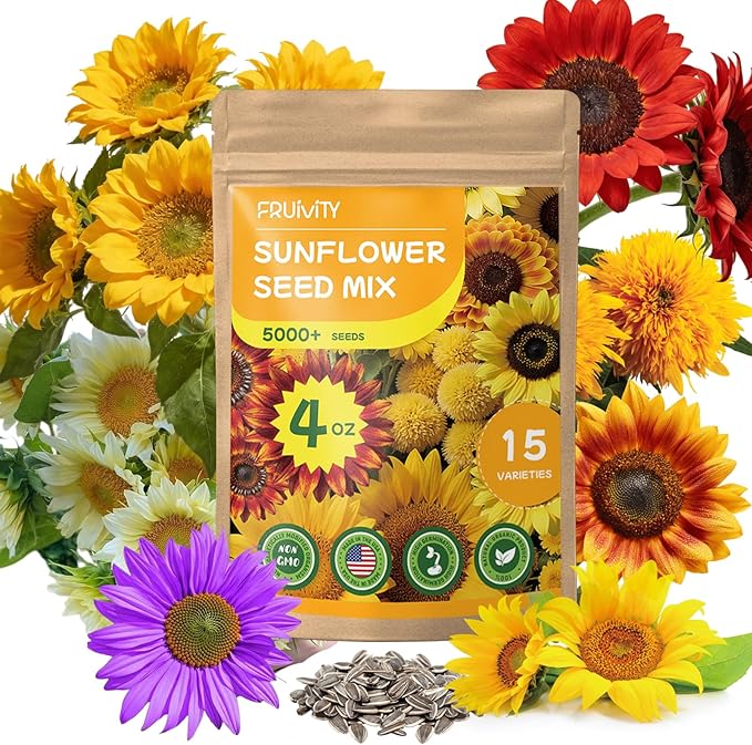 15+ Varieties 5000+ Sunflower Seeds for Planting, 4 Oz Heirloom Non-GMO Sunflower Mix Seeds to Plant (Giant Mammoth, Dwarf) Garden Variety Pack, High Germination, Attracts Pollinators