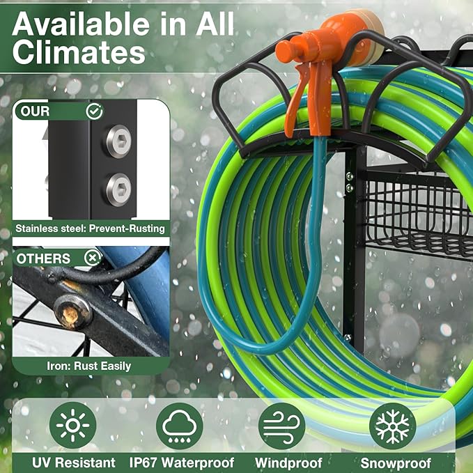 Upgraded Garden Hose Holder with Large Basket, Heavy Duty Water Hose Holder Supports 160-ft Hoses, Freestanding Detachable Hose Stand Storage Reel Hanger Rack for Yard Lawn Farm