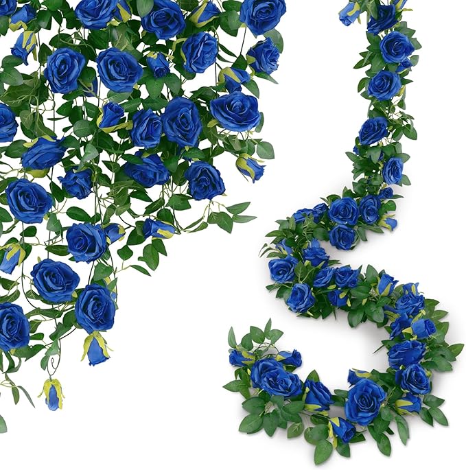 U'Artlines 5 Pack Artificial Royal Blue Rose Vines Floral Garlands Total 32.5 Ft Fake Vine Silk Flower Garland for Indoor Outdoor Home Wedding Arch Garden Wall Decoration