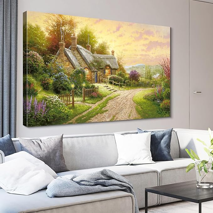 STUDIO HAVEN Thomas Kinkade Canvas Wall Art, Thatched Cottage Country Lane Colorful Flowers Sunset Glow Oil Painting Poster Rustic Wall Decor, Framed Prints for Home Decor, 16x12Inch