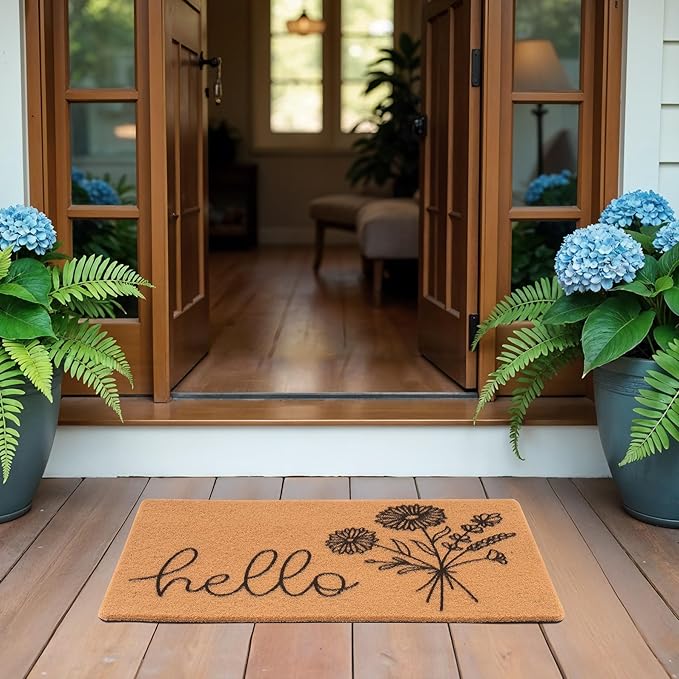 Hello Spring Door Mat for Front Door Welcome Matt Outdoor with Wildflower Bouquet Doormat Indoor Entrance with Flowers, Perfect Home Floral Decor (Brown)