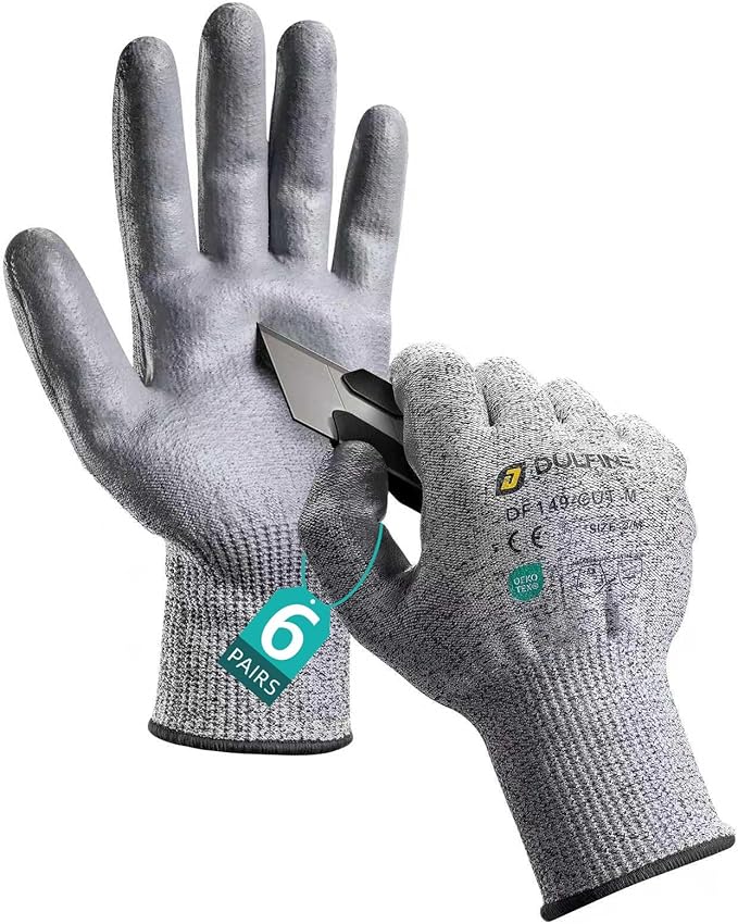 DULFINE ANSI A3 Cut Resistant Work Gloves for Men, 6 Pairs Pack PU Coated,Ideal for Wood working, Glass Cutting, Construction, Cargo Handling, Car Repair(XX-Large)