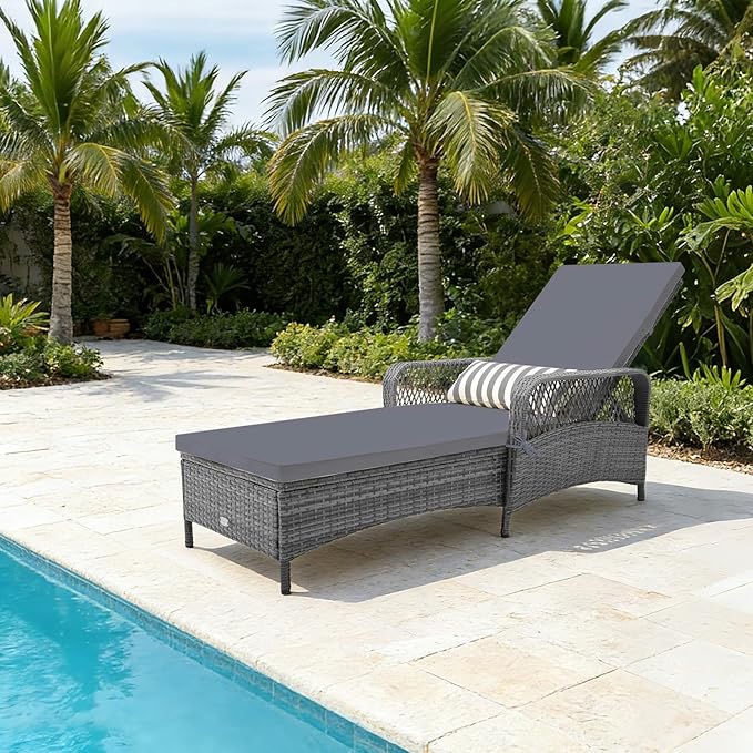 Tangkula Wicker Chaise Lounge Outdoor, Patio Rattan Reclining Chaise with 6-Gear Adjustable Backrest, Thick Padded Cushion & Removable Lumbar Pillow, Pool Lounge Chairs (1, Mix Grey + Grey)