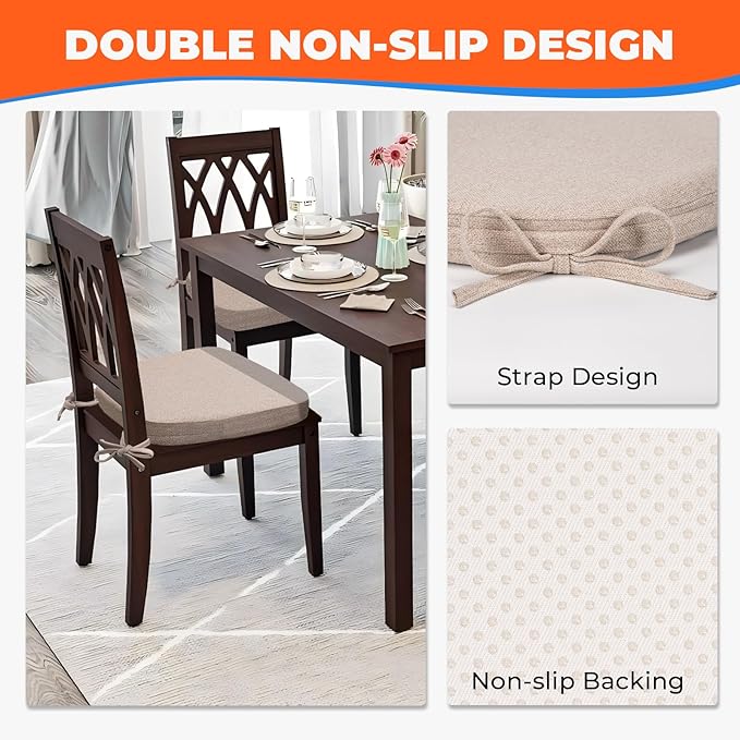 Chair Cushions for Dining Chairs, D-Shaped Seat Cushions with Removable Washable Cover and Ties, Chair Pads for Kitchen, Indoor Dining Room, Patio Chairs, 17'' x 16'', Set of 6, Khaki