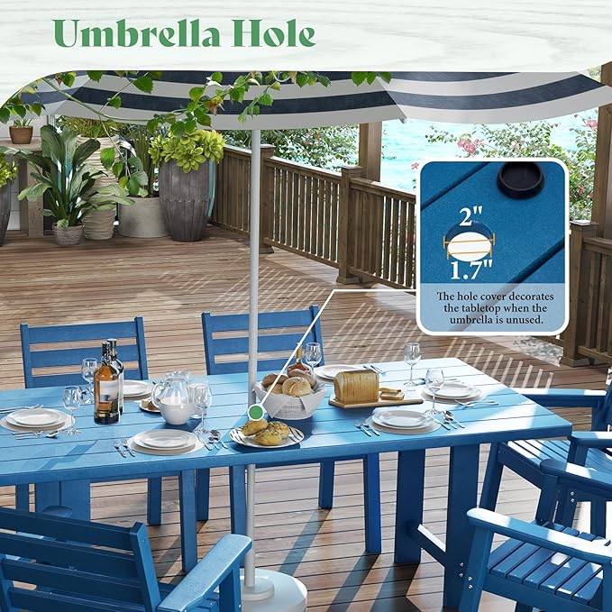 AMERLIFE 7-Piece HDPE Outdoor Dining Set with Umbrella Hole, 71" L Patio Table and Chairs Set for 6, Modern Garden Dining Set for Backyard, Poolside, Porch, Blue