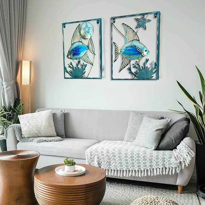 LIFFY Metal Fish Wall Decor with Frame-Outdoor Wall Art, Wall Decor with LED Fairy Lights, Fish Glass Art Wall Sculpture for Patio,Beach,Garden,Yard,Pool,home gift(2pcs, Blue)