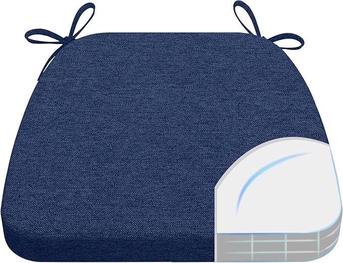 AAAAAcessories D-Shaped Chair Cushions, 2" Thick Dining Chair Pads with Ties and Removable, Machine-Washable Cover, 17" x 16", Blue