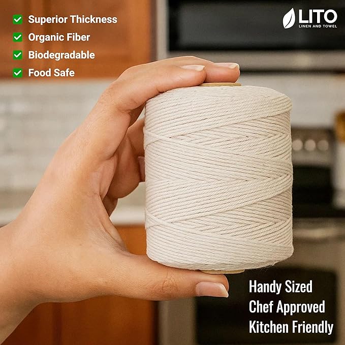 Organic Butcher’s Twine for Cooking & Trussing – 1.2mm Heavy-Duty Natural Cotton Kitchen Twine 500 Feet – Food-Safe, Oven-Safe String for Meat, Turkey, Baking, & Crafts