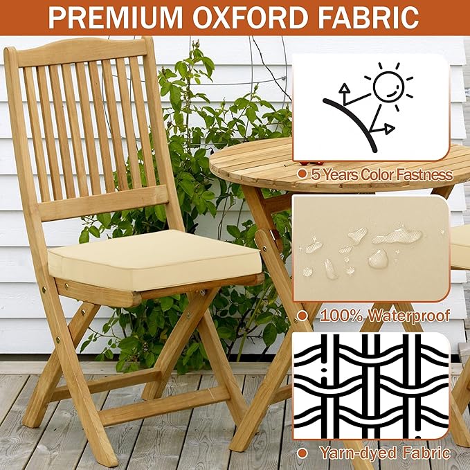 Outdoor Chair Cushions 16 x 17 Inch, Set of 4, Waterproof Patio Chair Cushions with Tie 5 Year Color Fastness Thick Outdoor Seat Cushion for Garden Lawn Patio Furniture Beige