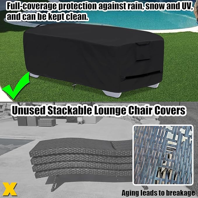 Stackable Chaise Lounge Covers for 2-3 Stackable Patio Lounge Chair, 600D Weather-Resistant Polyester Fabric, Outdoor Furniture Storage Cover for Stackable Lounge Chair - 80"L x 30"W x 20"H, Black
