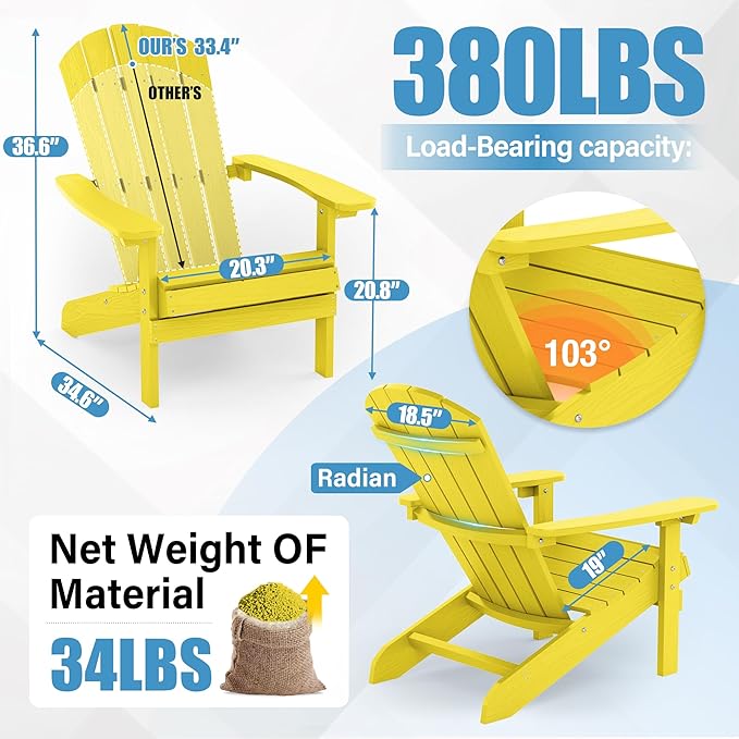 YEFU Adirondack Chairs Set of 6: Plastic Adirondack Chairs - Patio Chairs with Wood Texture - Outdoor Chair HIPS - Lawn Fire Pit Deck Porch Garden Chairs for Adults (Yellow)
