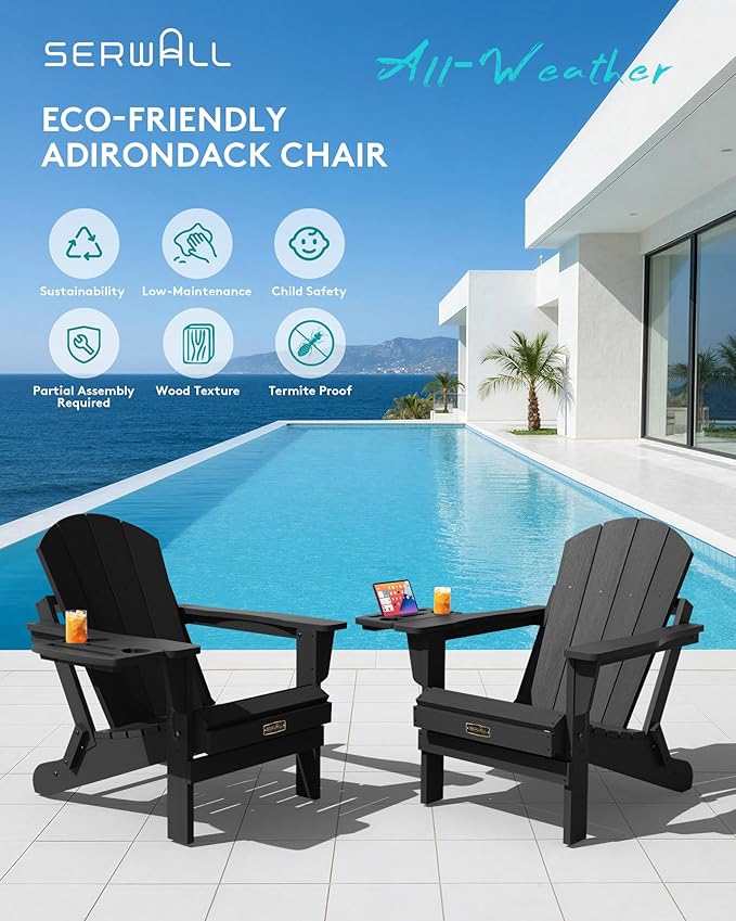 SERWALL Folding Adirondack Chair Set of 4, Outdoor Adirondack Chairs with 4 in 1 Cup Holder, Wood Texture Patio Chairs, Weather Resistant Fire Pit Chairs for Patio Deck Garden, Backyard Deck - Black