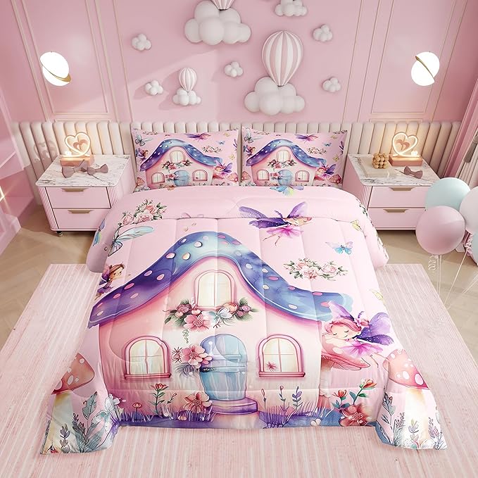 Erosebridal Fairy Garden King Comforter Set - Pink Fairy Butterfly Bedding Sets for Girls Kids, Cute Pink Floral Bed Set, Kawaii Mushroom Flower Room Decor - 2 Pillowcases Breathable