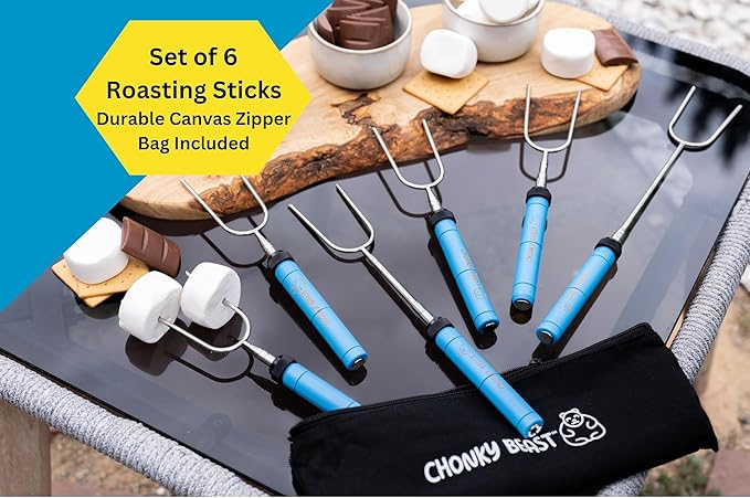 Smores Sticks for fire pit -Set of 6- Extra Strong Extendable Marshmallow Roasting Sticks w/Reinforced Joints -Rotating Stainless Steel Marshmallow sticks for fire pit, Hot dog Sticks for Campfire