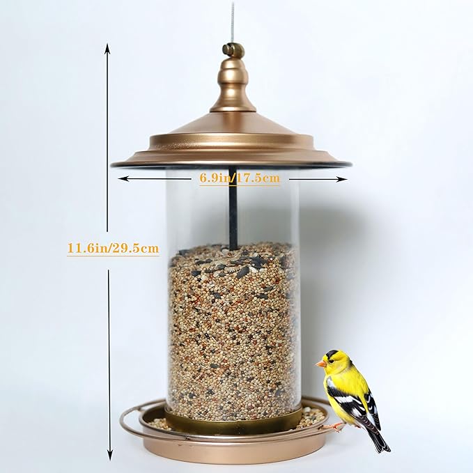 Bird Feeders for Outdoors,Hanging Bird Feeder with Locking Lid, Metal Birdfeeder 11.5 Inch with 17.5cm Weatherproof Large Roof&Tray,3 Feeding Perches,Copper,1 Pack