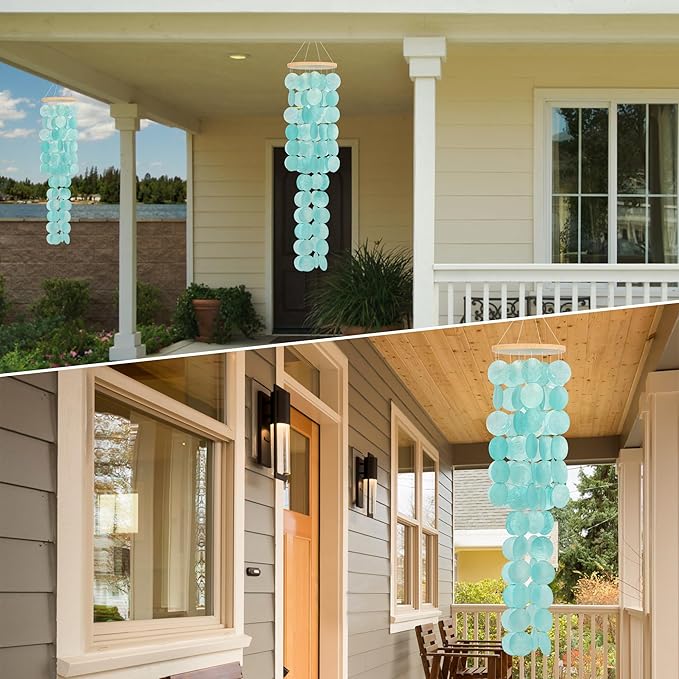 Wind Chimes for Outside - 31'' Handcrafted Turquoise Capiz Shells Windchime Coastal Style Decor for Indoor/Outdoors, Garden Decor, Great for Women, Wind Chimes Lovers and More