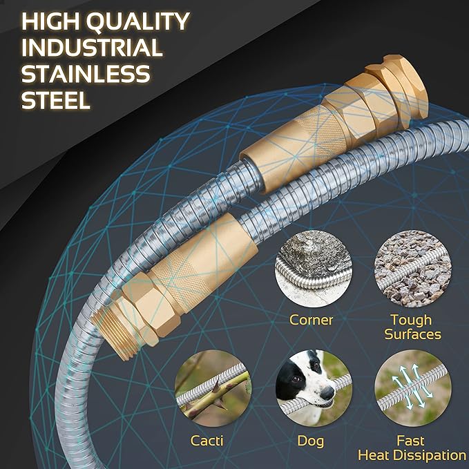 Garden Hose Metal - 50ft Heavy Duty Stainless Steel Water Hose with 8 Function Sprayer & Metal Fittings, Flexible, Lightweight, No Kink, Puncture Proof Hose for Yard, Outdoors, Rv