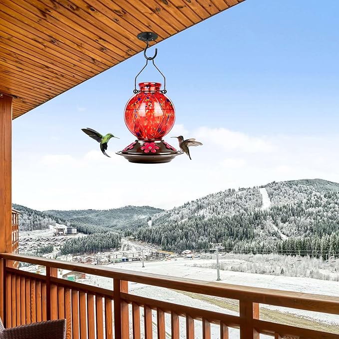 Hummingbird Feeder, BOLITE Glass Hummingbird Feeders for Outdoors Hanging, 20 Ounces, Leak Proof, Meshy Texture Ball Shape Bottle, Red, Birthday Gifts for Women Men, Gifts for Mom Dad