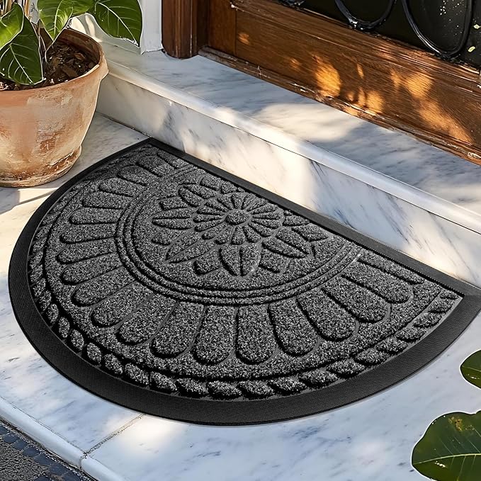 Mibao Front Door Mat Indoor Outdoor Entrance, Semicircular Entrance Mat, Half Round Waterproo Non-Slip Durable Rubber Door Mats, Low Profile Heavy Duty Doormat for Garage, Patio, 30" x 18", Grey
