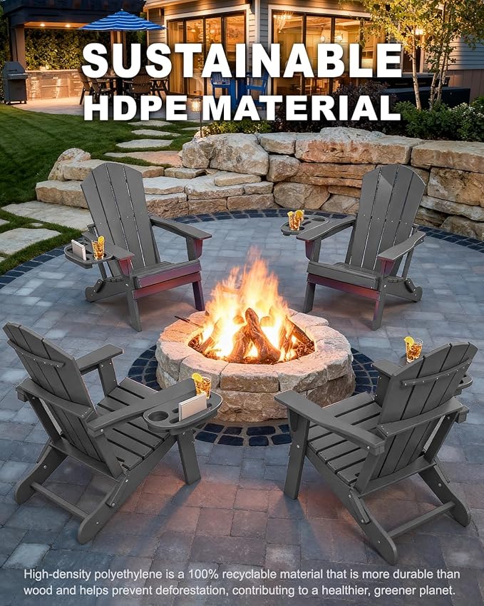 Adirondack Chair Set of 4, HDPE Folding Adirondack Chair with Multifunctional Cup Holder, Weather Resistant Fire Pit Chair for porches, patios, poolsides, Decks.