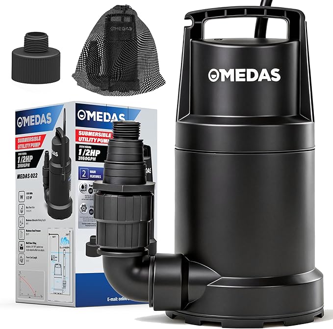 MEDAS Portable Sump Pump for Swimming Pool, Garden Pond, Basement Water Removal with 10ft Power Cord 1HP